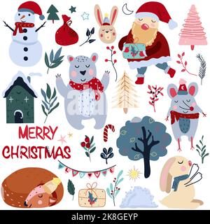 Weihnachtskollektion mit Weihnachtsmann, schlafenden Hirschen, lustigen Eisbären, niedlichem Kaninchen, bunten Blättern und anderen. Konzept Weihnachten und Neujahr. Lustige Zeichentrickfiguren. Vektor Stock Vektor