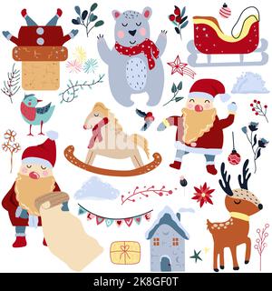 Weihnachtskollektion mit Weihnachtsmann, niedlichen Winterhirsch, lustiger Bär, bunte Blätter, Kiefernzweige, Schnee und andere. Konzept Weihnachten und Neujahr. Lustige Zeichentrickfiguren. Vektor. Stock Vektor