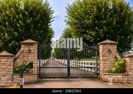 Eisernes Eingangstor eines wunderschönen Luxushauses. Schicke große Villa hinter einem verschlossenen Tor. Niemand, Straßenfoto, selektiver Fokus Stockfoto