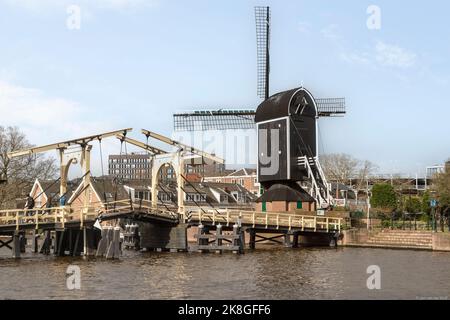 Windmühle und Zugbrücke im Zentrum von Leiden in den Niederlanden. Stockfoto