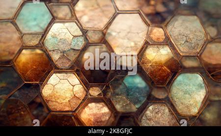 Ein abstrakter Hintergrund von hexagons3D Formen in einem farbenfrohen mineralischen Gradienten aus Rost, Bernstein, Gelb, Grün und Blau. Stockfoto