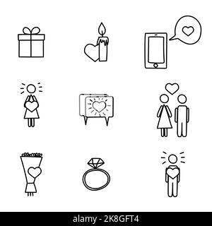 Handgezeichnete Ikonen über Liebe, Herz, Botschaften Stock Vektor
