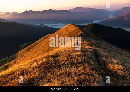 Goldene Stunde in den Karpaten. Landschaftlich schöner Morgen auf der Bergspitze. Atemberaubende Berglandschaft Stockfoto