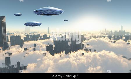 Fliegende Untertassen über die futuristische Megapolis. 3D Rendern Stockfoto