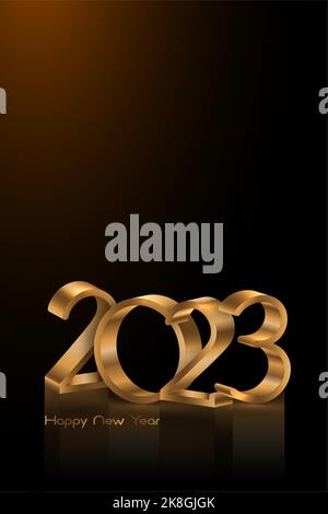 2023 goldene 3D Zahlen, Frohes neues Jahr. Vertikales Banner Weihnachtsthema. Urlaubsdesign für Grußkarte, Einladung, Kalender, Party, Goldluxus Stock Vektor