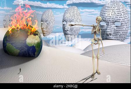 Surreale weiße Wüste. Figur des Mannes in der Ferne. Masken schweben am Himmel. Brennender Globus. 3D Rendern Stockfoto