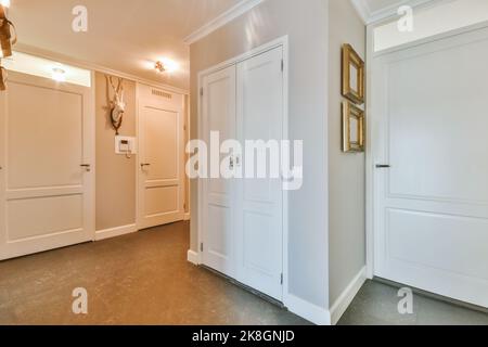 Halle der zeitgenössischen Wohnung mit weißen geschlossenen Türen Stockfoto