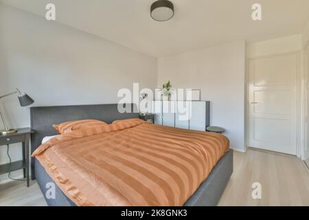 Komfortables Bett mit Federdecke und Kissen in der Nähe einer weißen Tür im hellen Schlafzimmer zu Hause Stockfoto