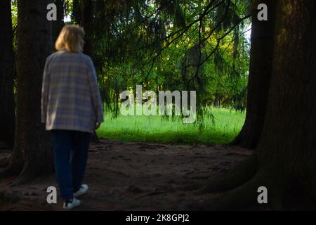 Junge sportliche Frau läuft im grünen Park Stockfoto