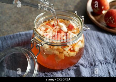 Herstellung von Alkoholtinktur aus Orangenfliege-Agarikum oder Amanita-Pilz - alternative Salbe für die Gelenke Stockfoto