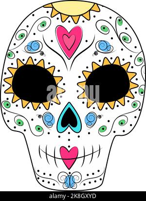Sugar Skull mit abstraktem Muster aus floralen Elementen in trendigen Markierungsfarben. Isolieren. Tag der Toten. Dia de los muertos. Mexiko. Aufkleber, Symbol. Gut für Poster, Karten, Einladungen, Preisschild Stock Vektor