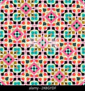 Kitschig gemustertes geometrisches Retro-Design in nahtlosem Hintergrund. Trendy modernen Boho Geo in lebendigen bunten Grafik Illustration. Wiederholen Sie die Kachel für Stockfoto