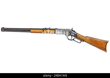 Wild West Periode Winchester Hebel-Aktion Repeating Gewehr isoliert auf weißem Hintergrund Stockfoto