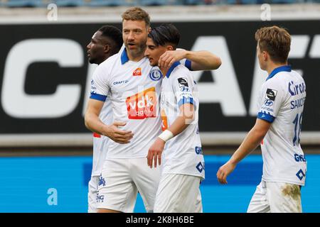 Laurent Depoitre von Gent feiert am Sonntag, 23. Oktober 2022, in Gent, am 14. Tag der ersten Division der belgischen Meisterschaft 2022-2023, nach einem Treffer bei einem Fußballspiel zwischen KAA Gent und RFC Seraing. BELGA FOTO KURT DESPLENTER Stockfoto