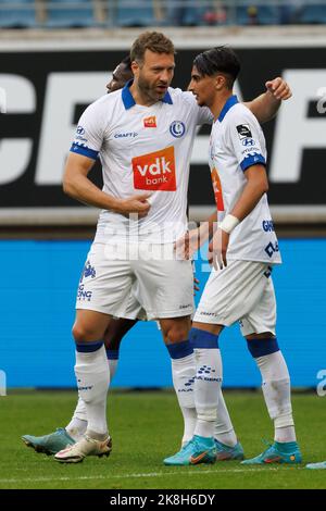 Laurent Depoitre von Gent feiert am Sonntag, 23. Oktober 2022, in Gent, am 14. Tag der ersten Division der belgischen Meisterschaft 2022-2023, nach einem Treffer bei einem Fußballspiel zwischen KAA Gent und RFC Seraing. BELGA FOTO KURT DESPLENTER Stockfoto