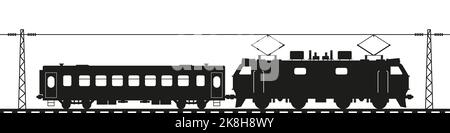 Elektrische Lokomotive mit PKW. Trainiere Silhouette. Flache Abbildung isoliert auf weißem Hintergrund. Stockfoto