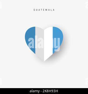 Herzförmige Flagge Guatemalas. Origami Papier geschnitten guatemaltekischen nationalen Banner. 3D Abbildung isoliert auf Weiß mit weichem Schatten. Stockfoto