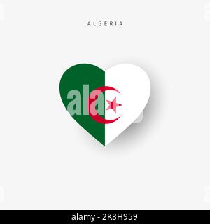 Algerien Herzförmige Flagge. Origami Papier geschnitten algerischen nationalen Banner. 3D Abbildung isoliert auf Weiß mit weichem Schatten. Stockfoto