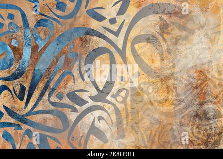 Arabische Kalligraphie-Tapete auf einer weißen Wand mit einem überlappenden alten Papierhintergrund. Übersetzungen von 'arabischen Buchstaben überlappen' Stockfoto
