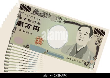 Illustration von 100.000 Yen verteilt Übersetzung: Bank of Japan Notes, Ichiman Yen, Bank of Japan Stock Vektor