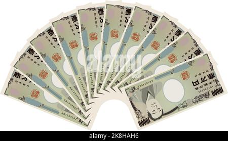 Illustration von 100.000 Yen in Fan-Form Übersetzung: Bank of Japan Notes, Ichiman Yen, Bank of Japan Stock Vektor