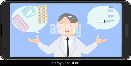 Illustration eines Apothekers, der Medizin mit einem Smartphone-Video erklärt Stock Vektor