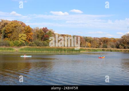 Zwei Frauen, die im Herbst am Busse Lake in Busse Woods im Elk Grove Village, Illinois, Kajakfahren Stockfoto