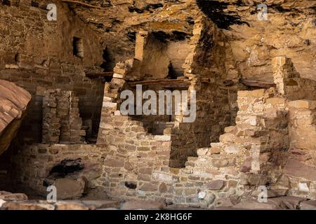 Alte Holzbalken überspannen die Gap Holding Stone Walls im Mug House im Mesa Verde National Park Stockfoto