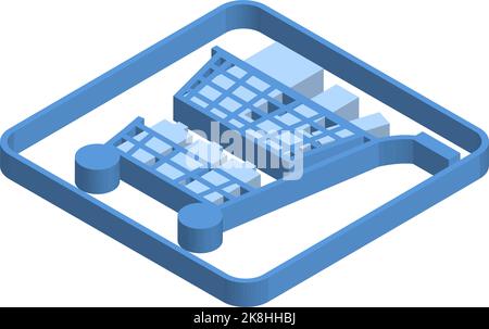 Blaues isometrisches Symbol, Abbildung eines Warenkorbs mit vielen Kaufsachen Stock Vektor