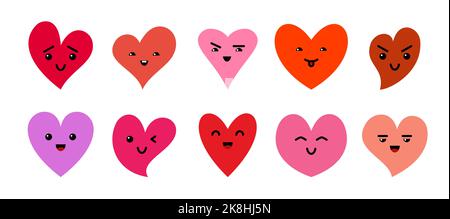 Herzen rote Cartoon-Figuren gesetzt. Valentinstag Emoji Gesichter. Süß romantisch fröhlich glücklich Lächeln fröhlich Emoticons. Flache Avatar-Symbole in Herzform mit verschiedenen lustigen, emotionalen Gesichtsausdrücken Stock Vektor