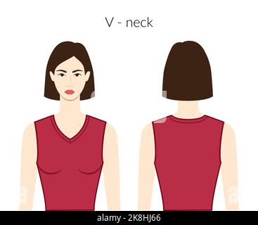 V - Ausschnitt Kleidung Strick, Pullover Charakter schöne Dame in Burgund Top, Hemd, Kleid technische Mode Illustration mit Einbauküche Körper. Flache Bekleidungsvorlage. Frauen, Männer Unisex-CAD-Modell Stock Vektor