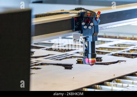 Laserschneidemaschine, Schneiden von Holzplatten, während ein Mann kümmert sich um den Prozess, lateinamerika Stockfoto