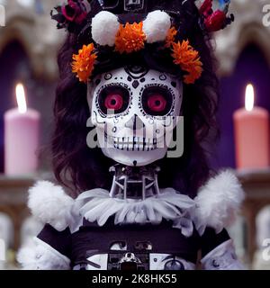 Mit Sugar Skull verzierte Skelette feiern das Day of the Dead Festival, Sugar Skull Make-up auf Androiden, Skull Candy und Halloween Stockfoto