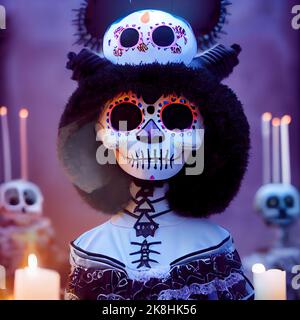 Mit Sugar Skull verzierte Skelette feiern das Day of the Dead Festival, Sugar Skull Make-up auf Androiden, Skull Candy und Halloween Stockfoto