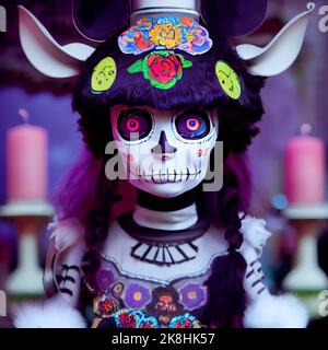 Mit Sugar Skull verzierte Skelette feiern das Day of the Dead Festival, Sugar Skull Make-up auf Androiden, Skull Candy und Halloween Stockfoto