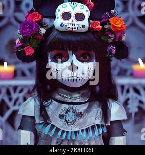 Mit Sugar Skull verzierte Skelette feiern das Day of the Dead Festival, Sugar Skull Make-up auf Androiden, Skull Candy und Halloween Stockfoto