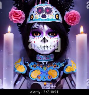 Mit Sugar Skull verzierte Skelette feiern das Day of the Dead Festival, Sugar Skull Make-up auf Androiden, Skull Candy und Halloween Stockfoto