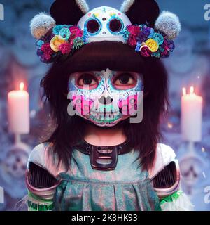 Mit Sugar Skull verzierte Skelette feiern das Day of the Dead Festival, Sugar Skull Make-up auf Androiden, Skull Candy und Halloween Stockfoto