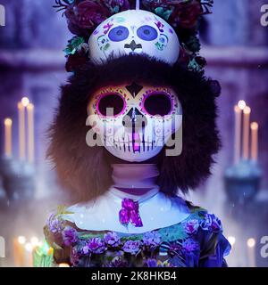 Mit Sugar Skull verzierte Skelette feiern das Day of the Dead Festival, Sugar Skull Make-up auf Androiden, Skull Candy und Halloween Stockfoto