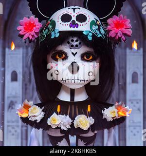 Mit Sugar Skull verzierte Skelette feiern das Day of the Dead Festival, Sugar Skull Make-up auf Androiden, Skull Candy und Halloween Stockfoto