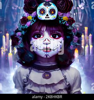 Mit Sugar Skull verzierte Skelette feiern das Day of the Dead Festival, Sugar Skull Make-up auf Androiden, Skull Candy und Halloween Stockfoto