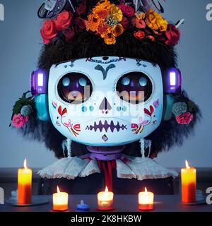 Mit Sugar Skull verzierte Skelette feiern das Day of the Dead Festival, Sugar Skull Make-up auf Androiden, Skull Candy und Halloween Stockfoto