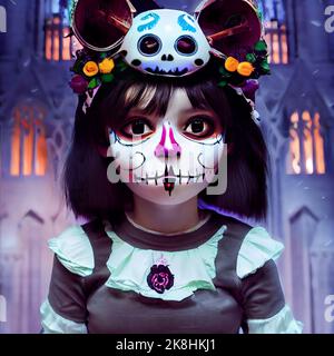 Mit Sugar Skull verzierte Skelette feiern das Day of the Dead Festival, Sugar Skull Make-up auf Androiden, Skull Candy und Halloween Stockfoto