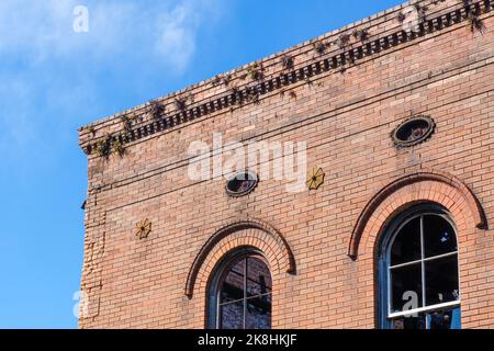 NEW ORLEANS, LA, USA - 22. OKTOBER 2022: Obere Ecke eines alten verlassenen roten Ziegelgebäudes mit gewölbten Fenstern und sprießenden Unkräutern Stockfoto