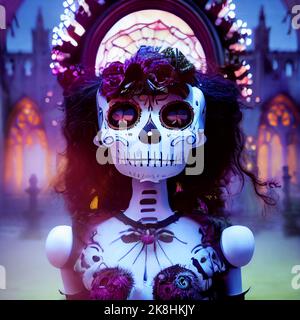 Mit Sugar Skull verzierte Skelette feiern das Day of the Dead Festival, Sugar Skull Make-up auf Androiden, Skull Candy und Halloween Stockfoto