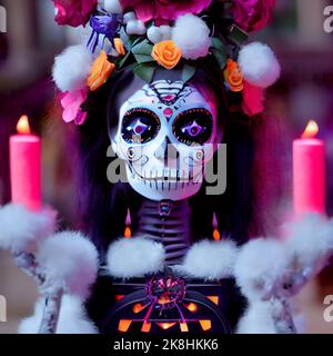 Mit Sugar Skull verzierte Skelette feiern das Day of the Dead Festival, Sugar Skull Make-up auf Androiden, Skull Candy und Halloween Stockfoto