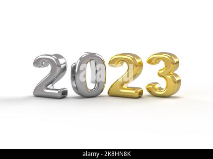 Silber 20 und Gold 23 für 2023 3D Wiedergabe von Zahlen für Silvester Banner. Illustration. Stockfoto