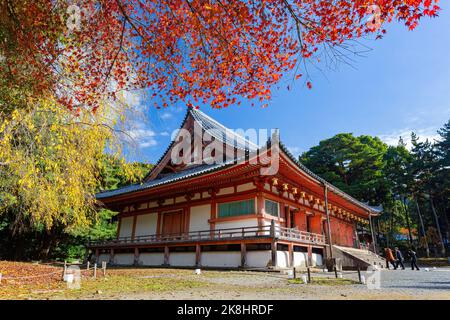 Sonniger Blick auf die wunderschöne Herbstfarbe von Kondo, Daigoji Tempel in Kyoto, Japan Stockfoto