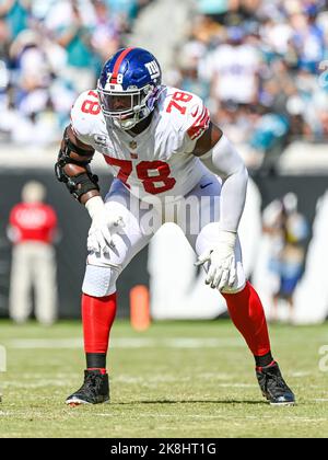 Jacksonville, FL, USA. 23. Oktober 2022. Die New York Giants kämpfen gegen Andrew Thomas (78) während eines Spiels gegen die Jacksonville Jaguars in Jacksonville, FL. Romeo T Guzman/CSM/Alamy Live News Stockfoto