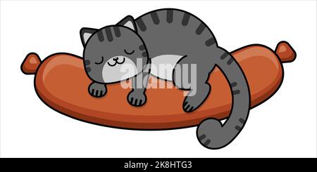 Die Katze schläft auf der Wurst. Die Katze umarmt eine Wurst. Babyaufkleber. Vektorgrafik. Stock Vektor